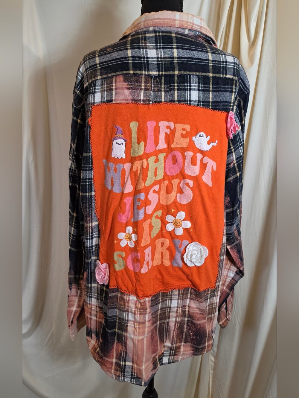 Upcycled Flannel Shirt Halloween Jesus Patch Tall L Fall Shirt